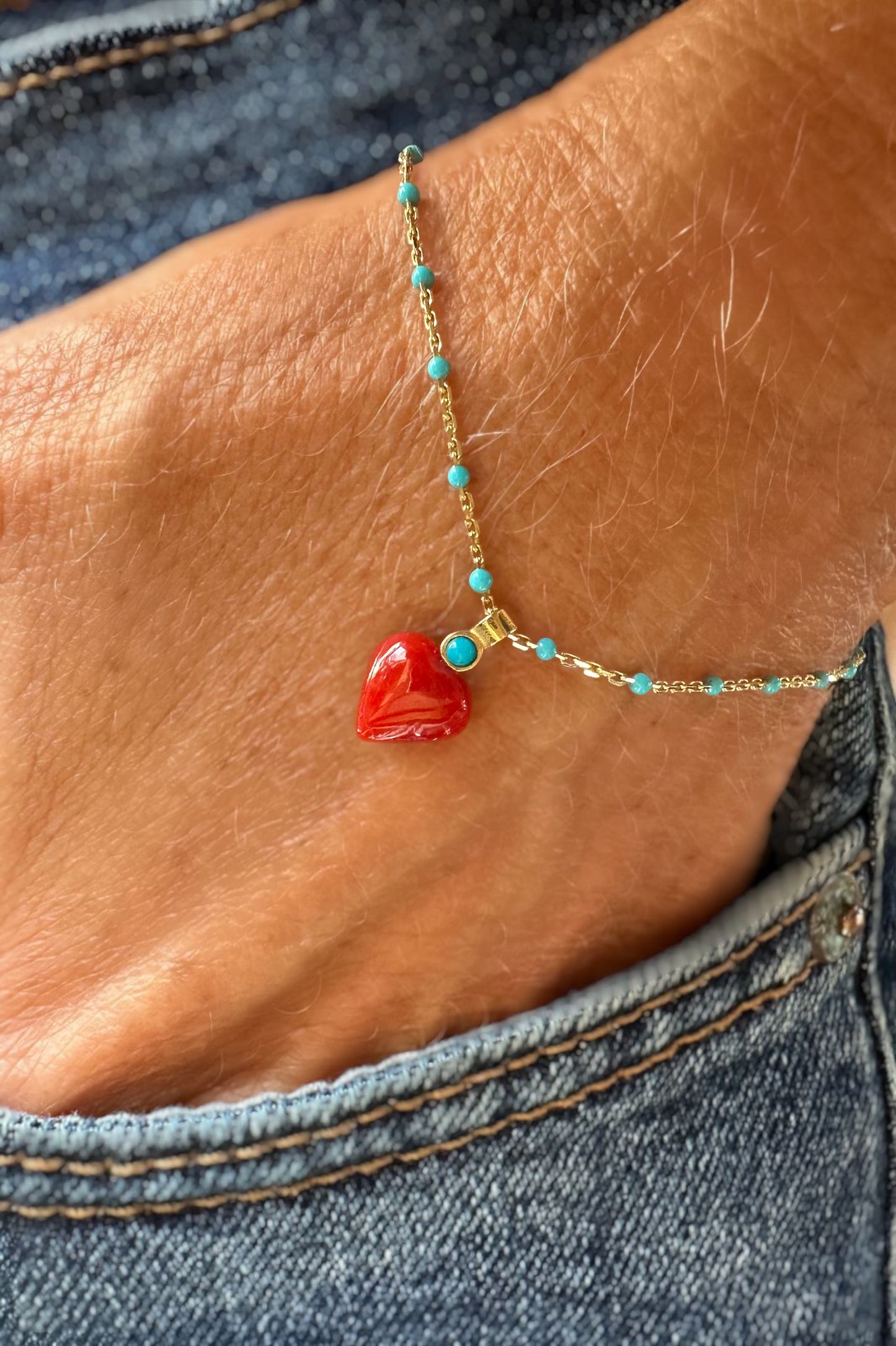 Red aka coral and turquoise bracelet