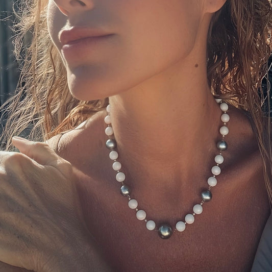 Tahitian pearls and angel skin coral necklace