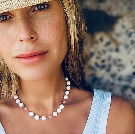 Angel skin coral necklace with pink fire opal