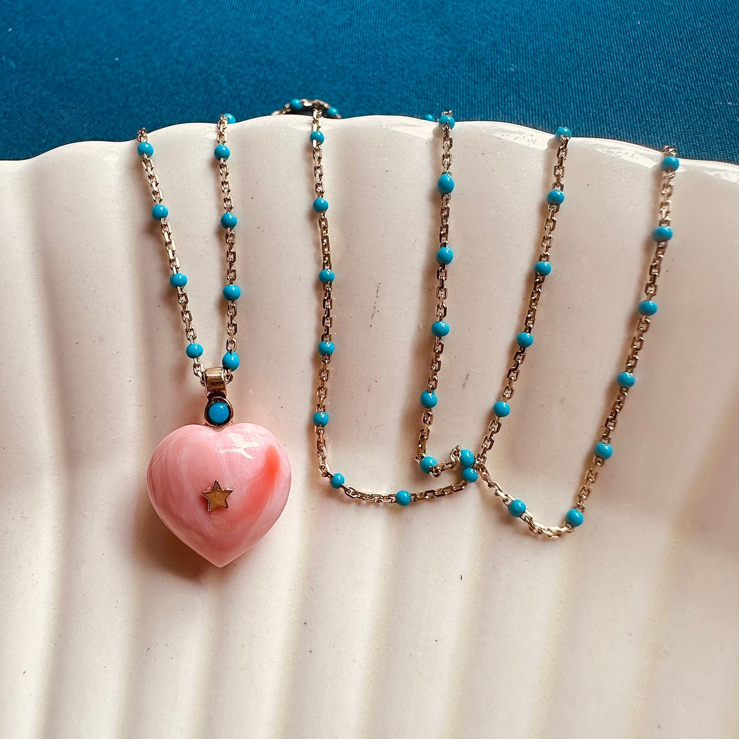 Peach coral heart with sleeping beauty turquoise necklace