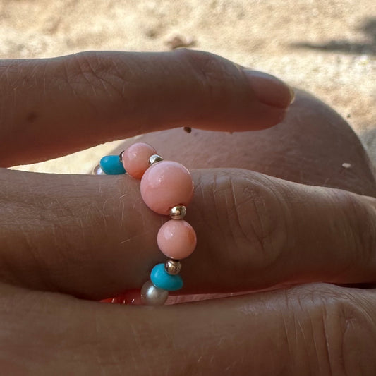 Coral and turquoise beaded ring summer 25