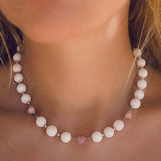 Fire pink opal hearts and angelskin coral necklace -NEW 2025