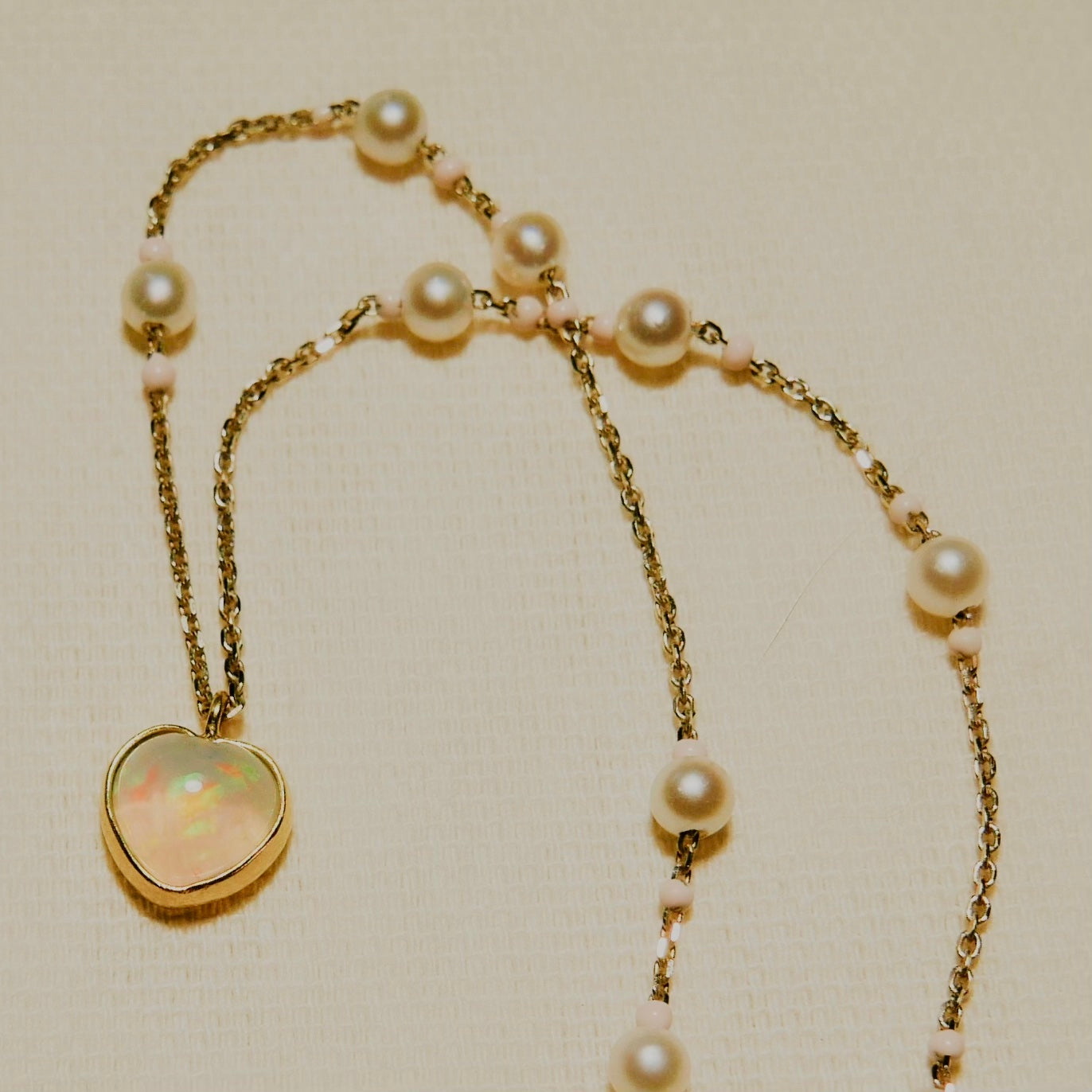 Opal heart with pearls satellites  -Necklace-