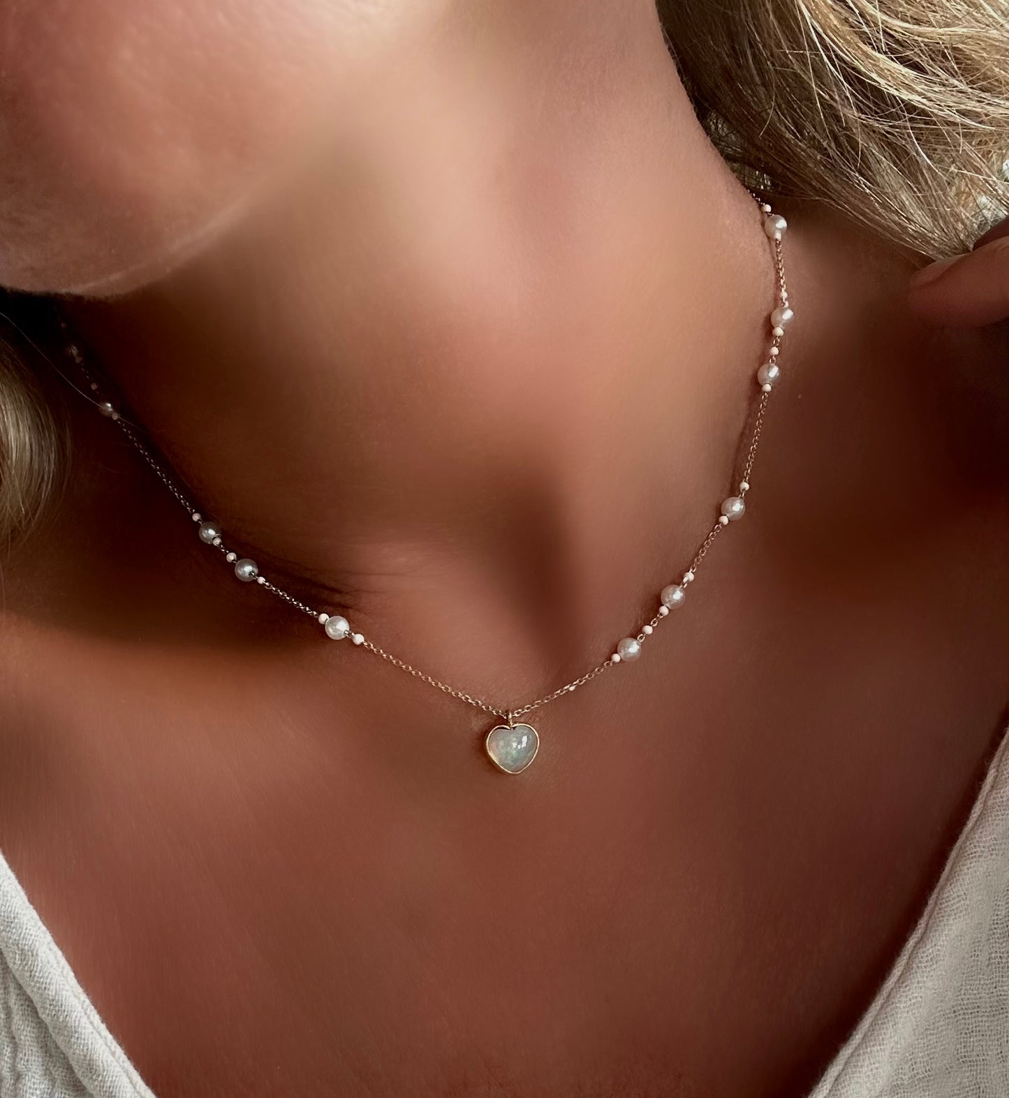 Opal heart with pearls satellites  -Necklace-