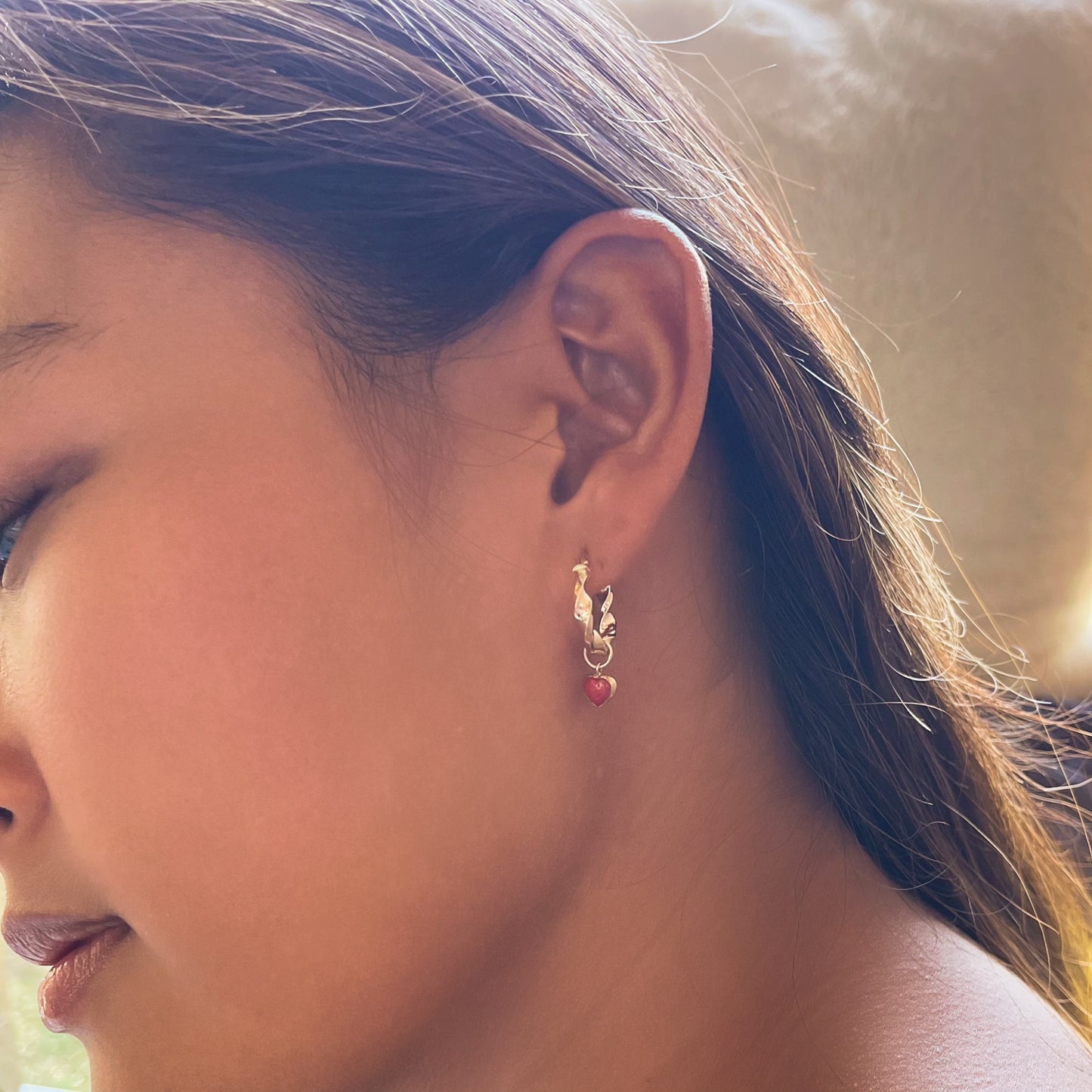 Red coral Heart Hoops