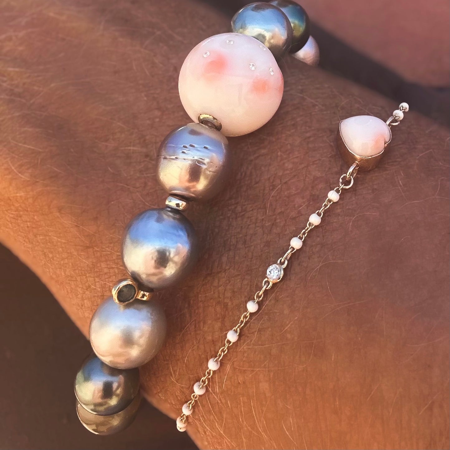 Angel skin heart  coral bracelet with diamond accent