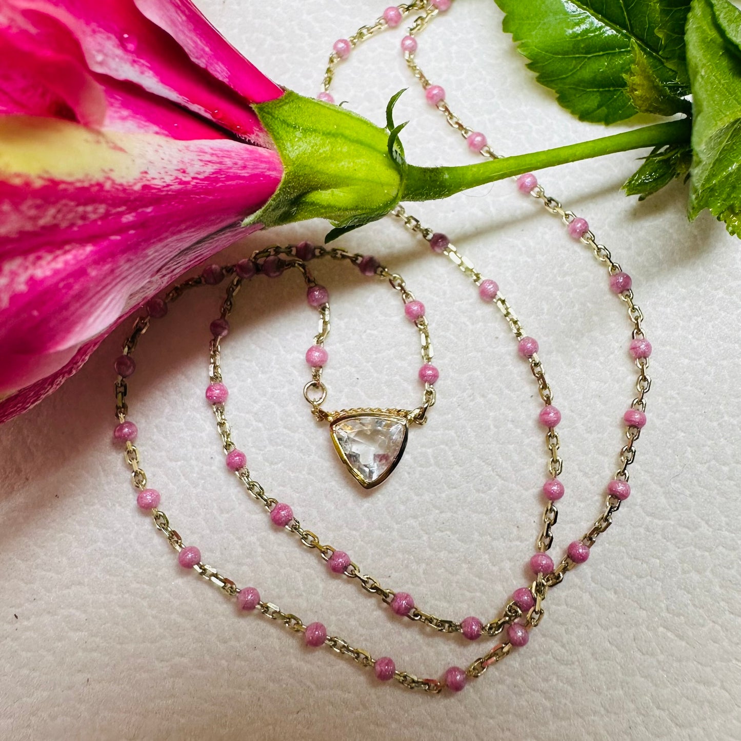 White aquamarine hibiscus pink Necklace NEW 2025