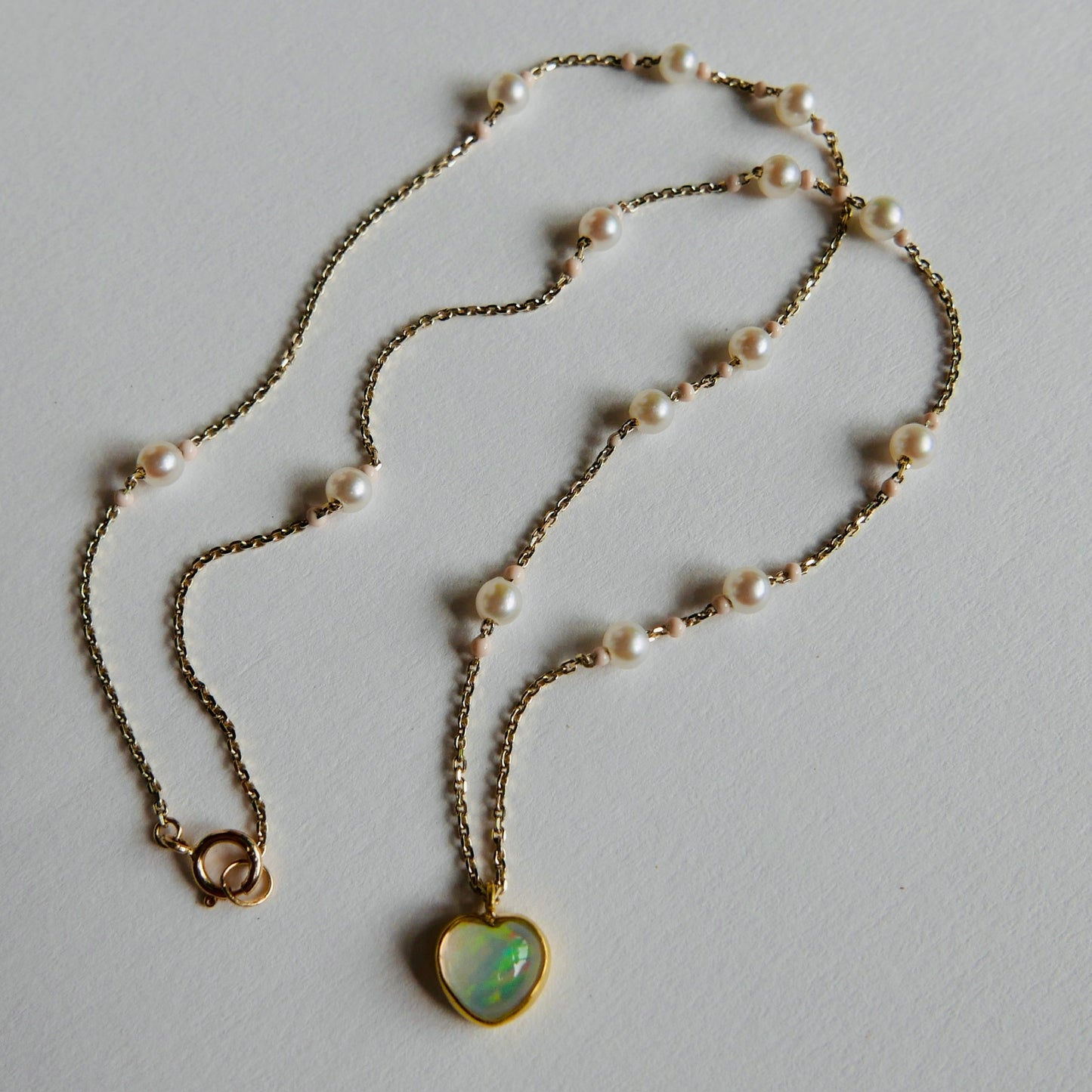 Opal heart with pearls satellites  -Necklace-