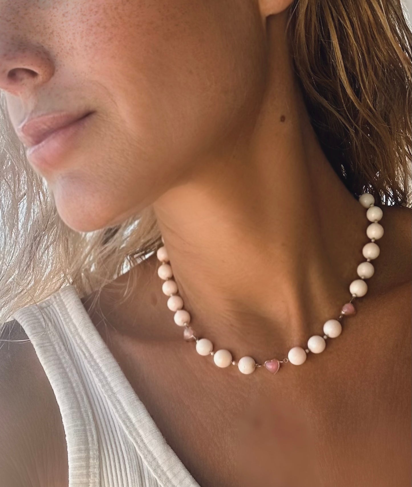 Angel skin coral necklace with pink fire opal