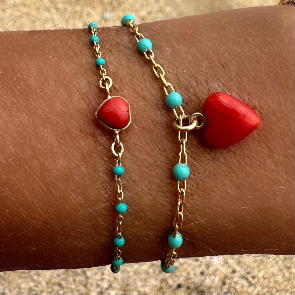 Red coral heart bracelet - heavy chain -Gold filled