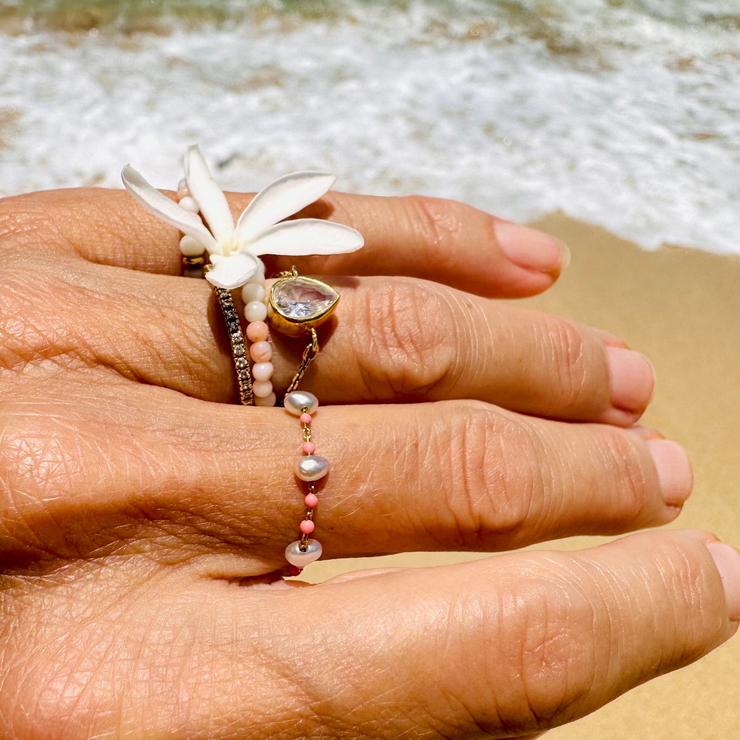 Akoya keshi pearls ring in pink