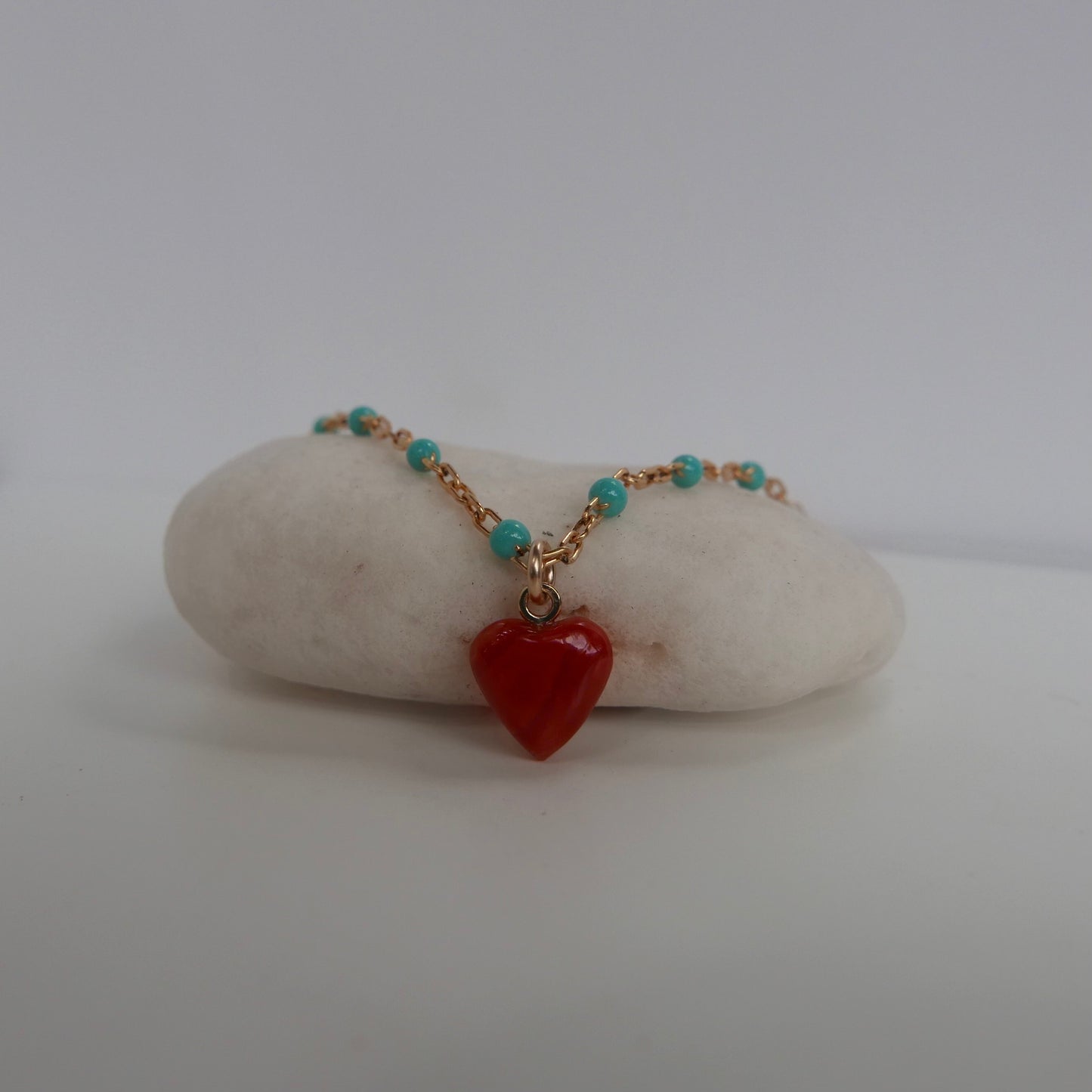 Red coral heart bracelet - heavy chain -Gold filled