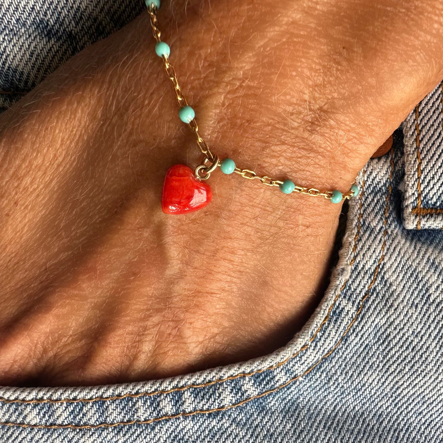 Red coral heart bracelet - heavy chain -Gold filled