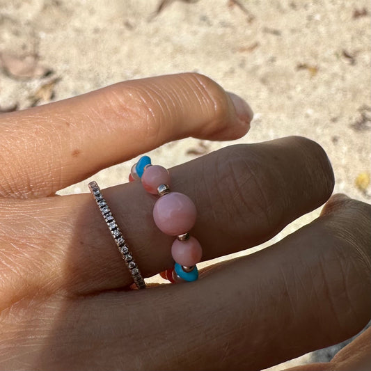 Coral and turquoise beaded ring