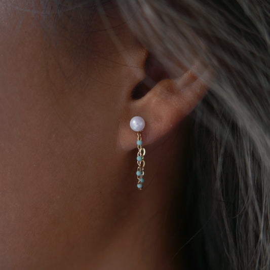 Akoya pearls earrings , chain hoops in waikiki blue