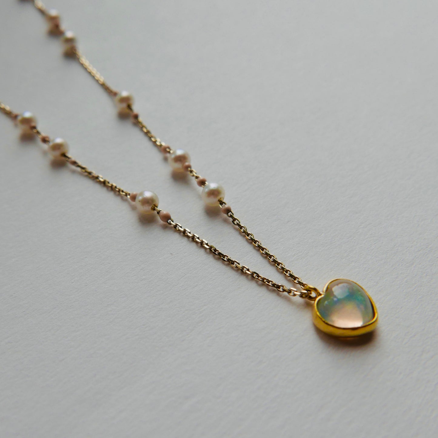 Opal heart with pearls satellites  -Necklace-