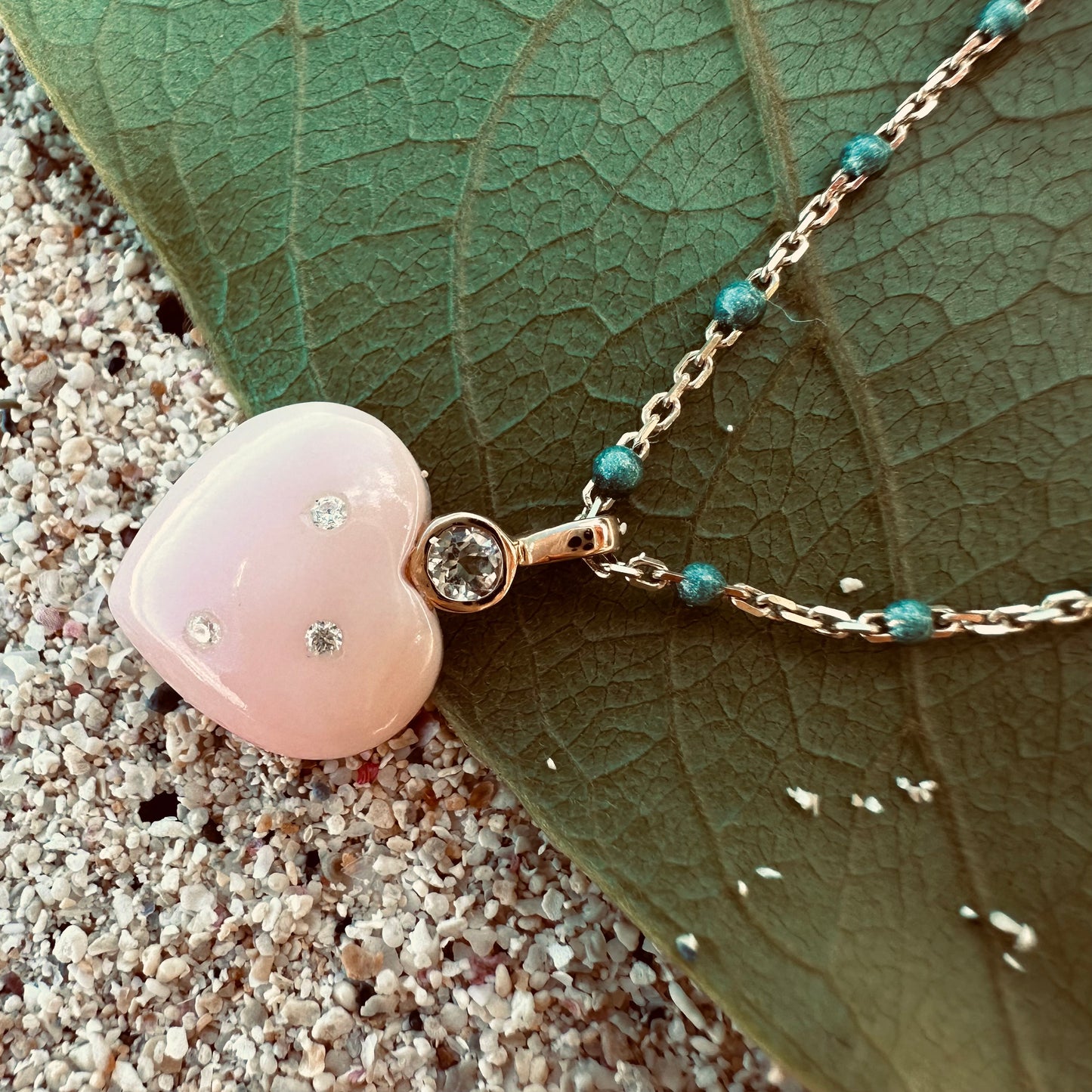 Angel skin coral heart necklace diamonds and aquamarine