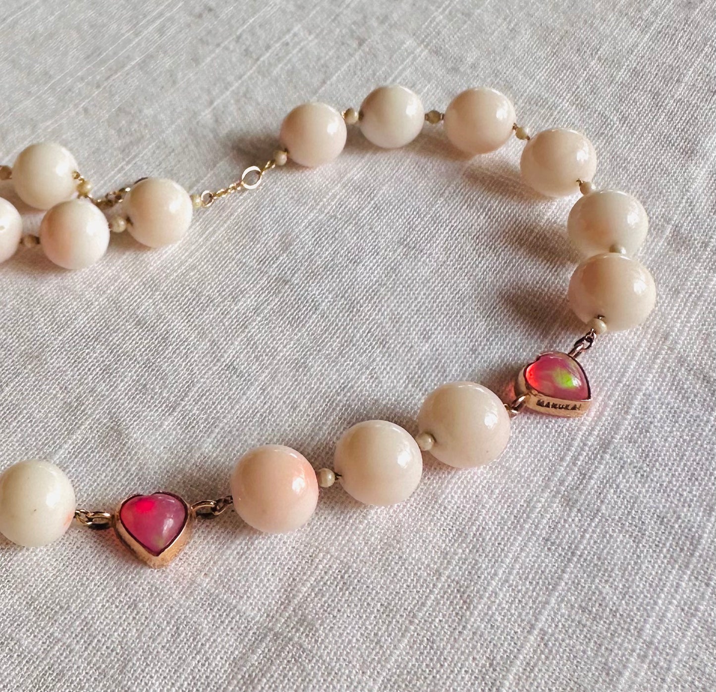 Angel skin coral necklace with pink fire opal