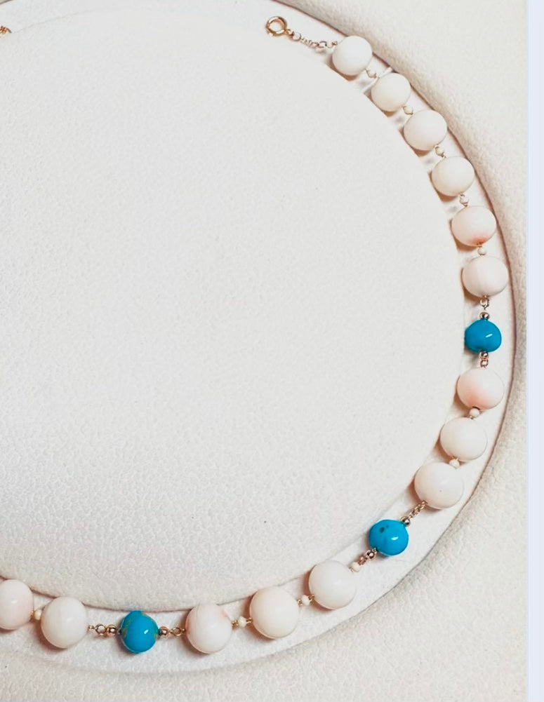 Angel skin coral with turquoise necklace