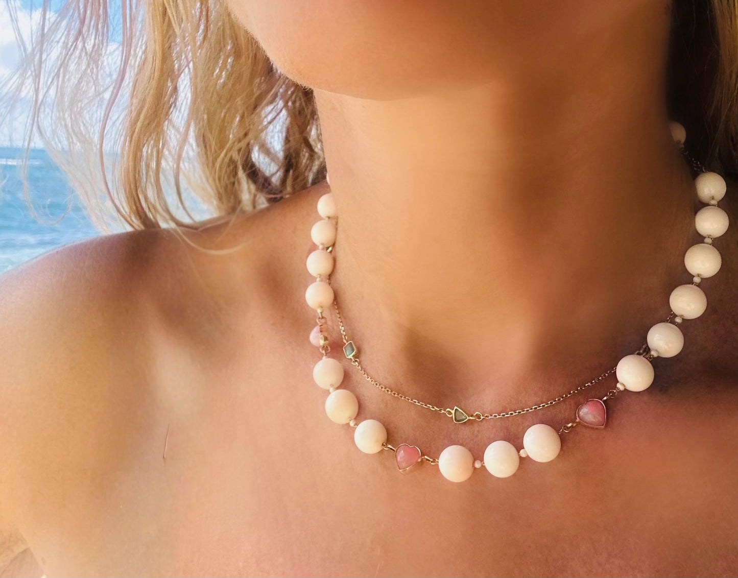 Fire pink opal hearts and angelskin coral necklace -NEW 2025