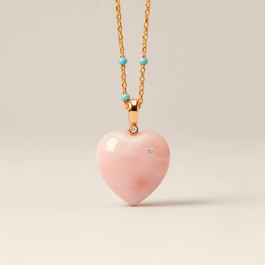 Angel skin coral heart necklace, turquoise enamel