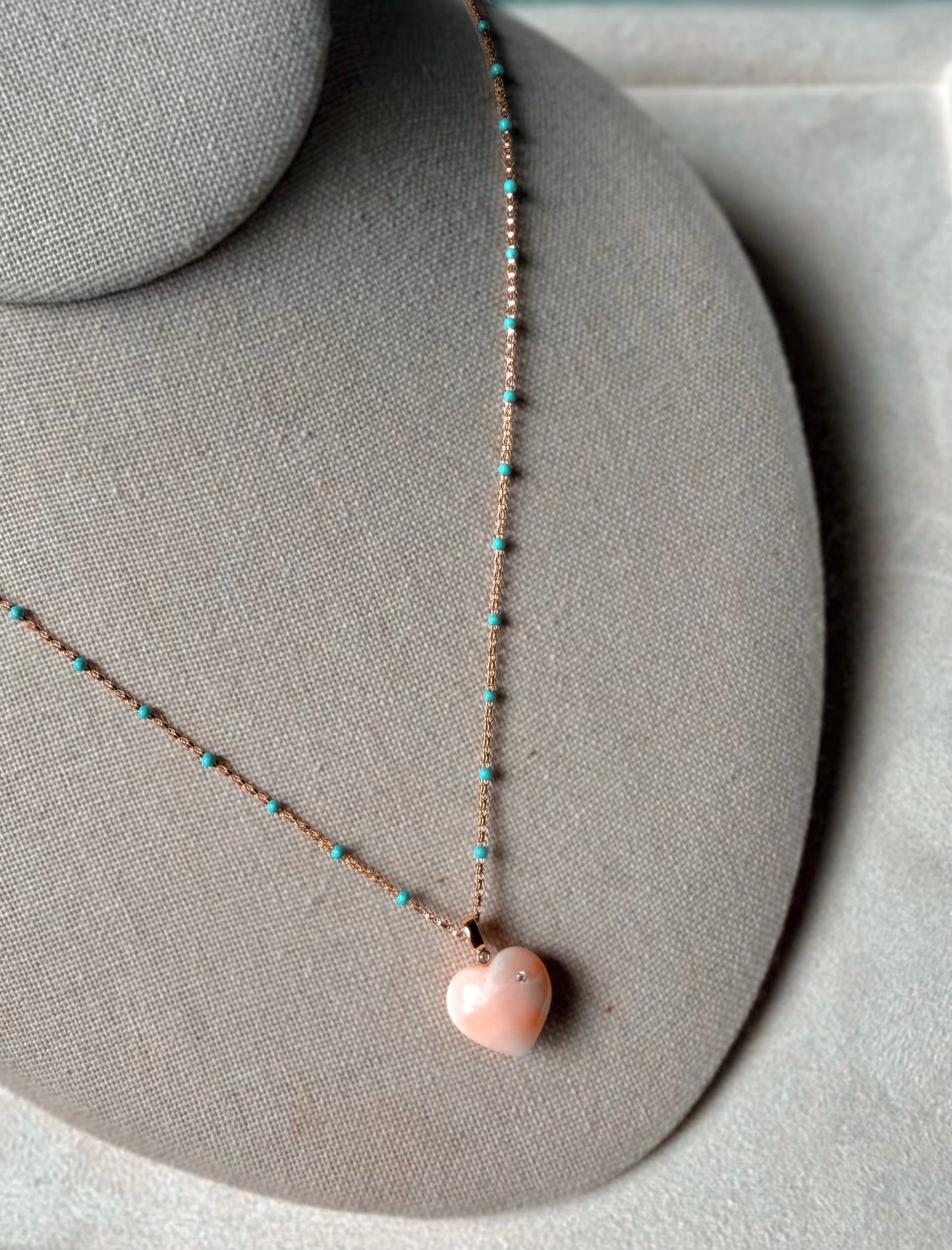 Angel skin coral heart necklace, turquoise enamel