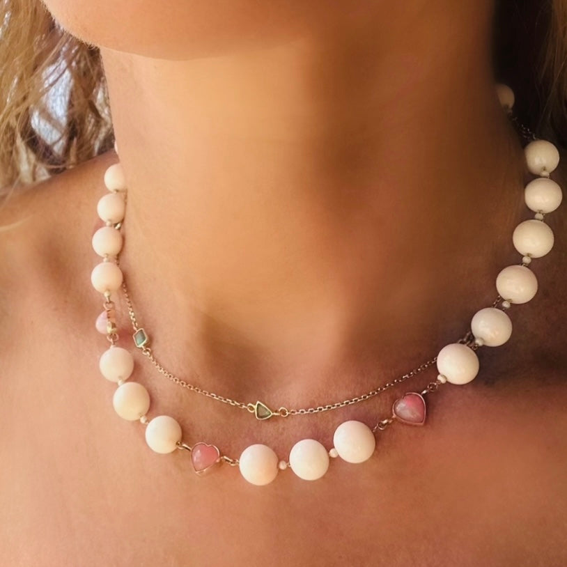 Fire pink opal hearts and angelskin coral necklace -NEW 2025